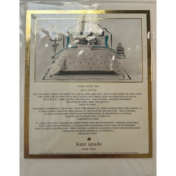 Kate Spade King Sheet Set Grace Sheeting Cotton Turquoise White NWT - Picture 2 of 4